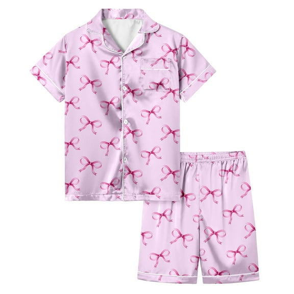 Girls Silk Pajamas Size 12 Button Down Short Sleeve Loungewear Clothes Set Valentines Day Pjs Bow Printed Funny Summer Lounge Sets 2 Piece Satin Pajama Sets Pink,6-7 Years