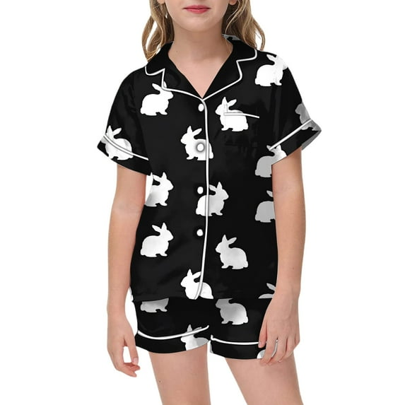 Girls Silk Pajamas Size 14 Button Down Cartoon Print Short Sleeve & Short Pants Outfit Soft Home Outfit Set Two-Piece Pj Sleepwear Sets Black,4-5 Years