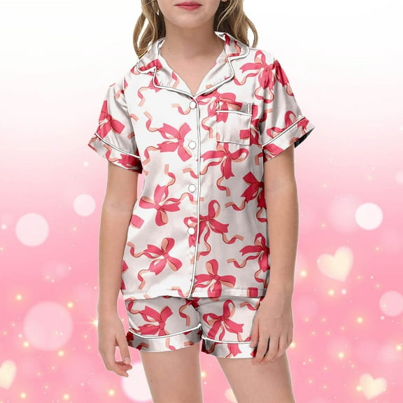 Girls Silk Pajamas Size 7-8 Button Down Bow Print Short Sleeve Pjs Comfortable Home Clothes 2 Piece Satin Pajama Sets Pink,140