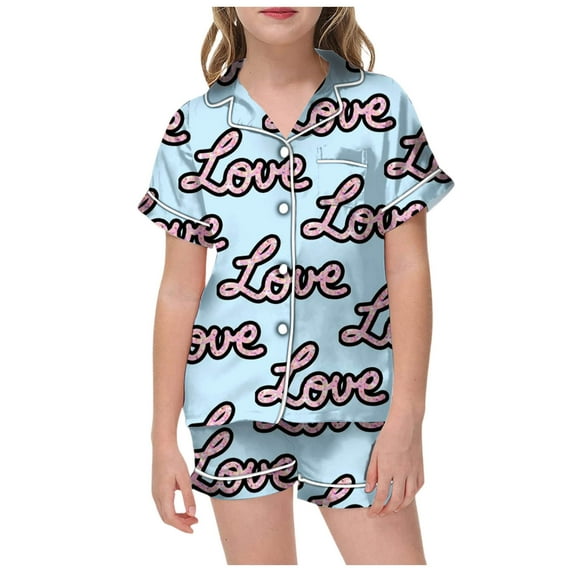 Girls Silk Pajamas Valentine's Day Pjs Short Sleeve Loungewear Clothes Set Print Comfy Girls' Sleepwear 2 Piece Satin Pajama Outfits 4-5 Years