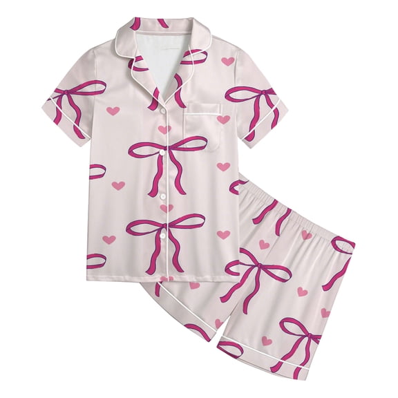 Girls Silk Pajamas Valentines Day Pjs Short Sleeve Bow Print Button Down Nightwear Girls Silk Pajamas Size 7-8 Years