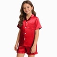 thumbnail image 1 of Girls Silky Satin Button-Up Pajama Set,Ruffled Short Sleeve Summer Sleepwear 11-12 Years, 1 of 4