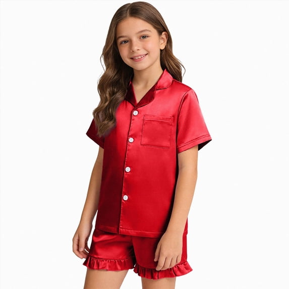 Girls Silky Satin Button-Up Pajama Set,Ruffled Short Sleeve Summer Sleepwear 11-12 Years