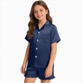 thumbnail image 1 of Girls Silky Satin Button-Up Pajama Set,Ruffled Short Sleeve Summer Sleepwear 11-12 Years, 1 of 4