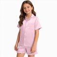 thumbnail image 1 of Girls Silky Satin Button-Up Pajama Set,Ruffled Short Sleeve Summer Sleepwear 9-10 Years, 1 of 4