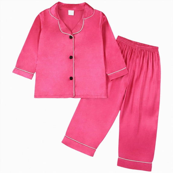 Girls Silky Satin Long Sleeve Pajama Set,Button-Up Sleepwear with Collar 2-3 Years