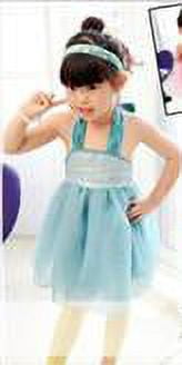 Girls Silver Sequin Pleated Mesh Halter Dress, Blue 110