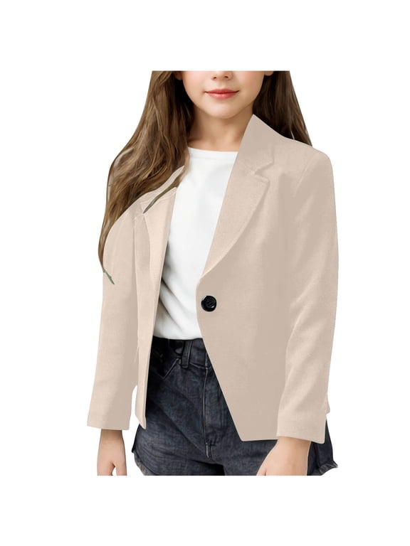 Girls Single-Breasted Blazer, Beige, Notched Lapel School Church Wedding Casual Outerwear for Tweens,Size 7 T