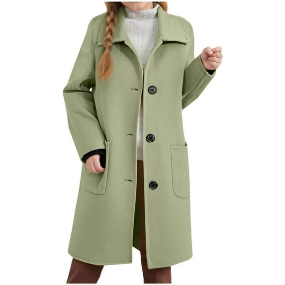 Girls Single Breasted Coat Notched Collar Wool Blend Long Trench Coat Kids Winter Warm Outerwear Jackets with Pockets