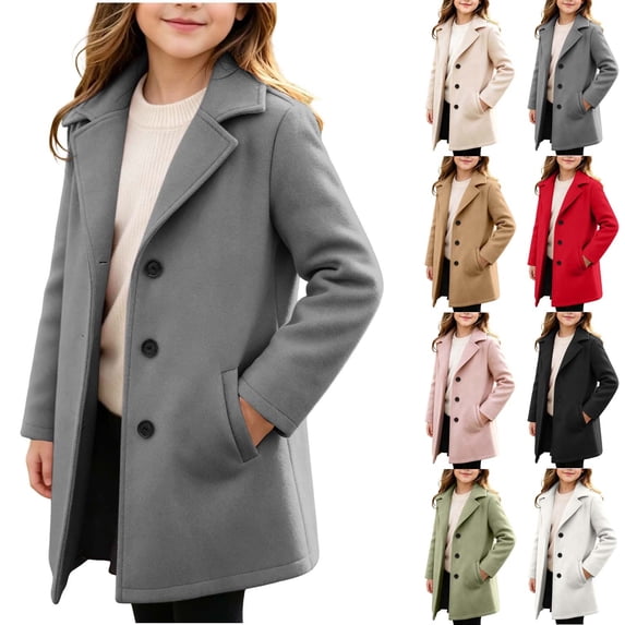 Girls' Single-Breasted Trench Coat Notch Lapel, Mid-thigh, Long Sleeve, Trench Outfits, Elegant Outerwear Sizes 5–15