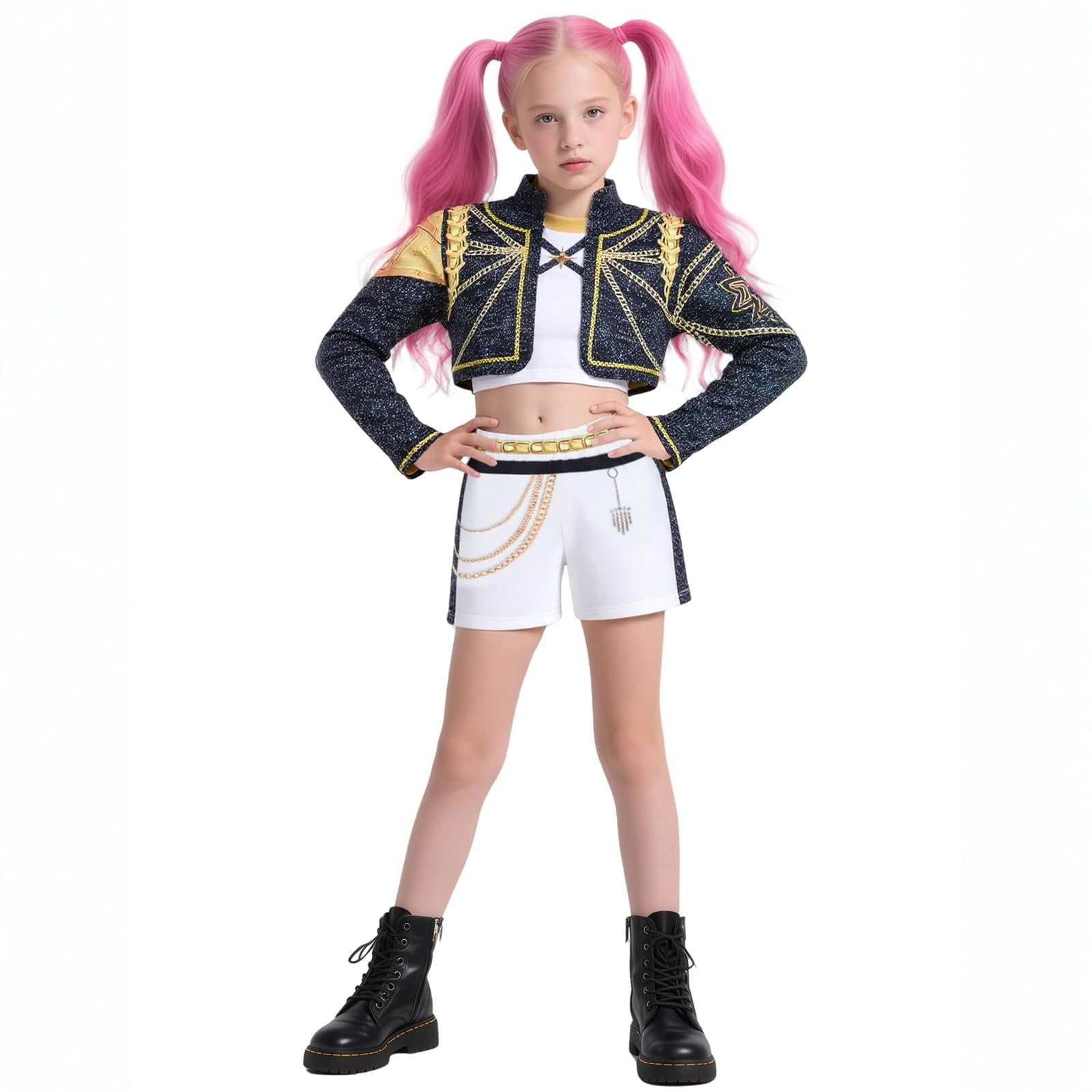 WYFDCZZP Costume Cosplay K-pop Per Bambine, Outfit Da Cantante Pop Con Giacca Arancione, Maglietta Stampata E Pantaloncini, Per Carnevale E Compleanni