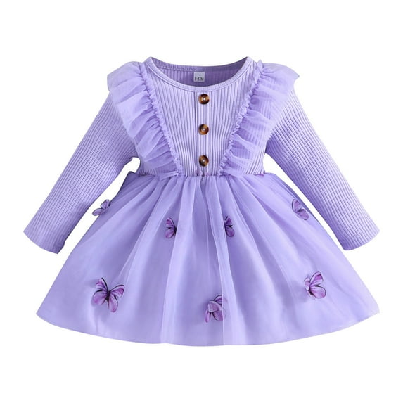 Girls Size 10 Dresses Long Sleeve Embroidery Ruffles Dress Baby Fall Winter Fashion Casual Dance Party Dresses Clothes for Girls Purple,12-18M