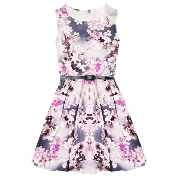 Girls Skater Dress Kids Floral Print Summer Party Dance Sun Dresses 7-13 Years