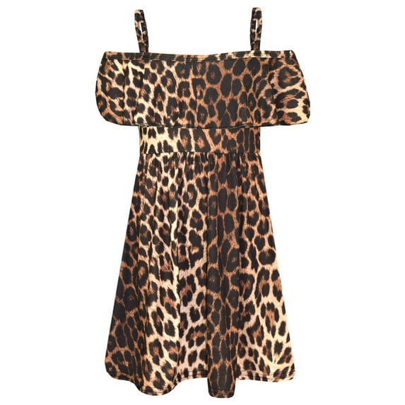 Girls Skater Dress Kids Leopard Print Summer Party Off Shoulder Dresses 7-13 Yr