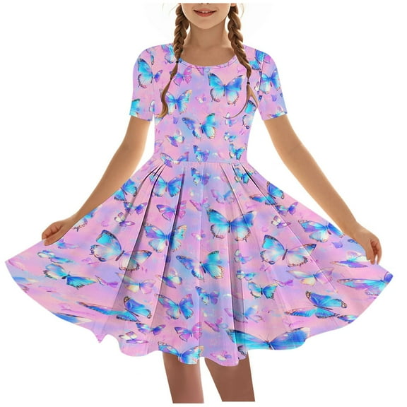 Girls Skater Dresses, Short Sleeve Casual Printed Midi Sundress, Child A-Line Flowy Dance Dress Kids Romper Dress Purple 7Y