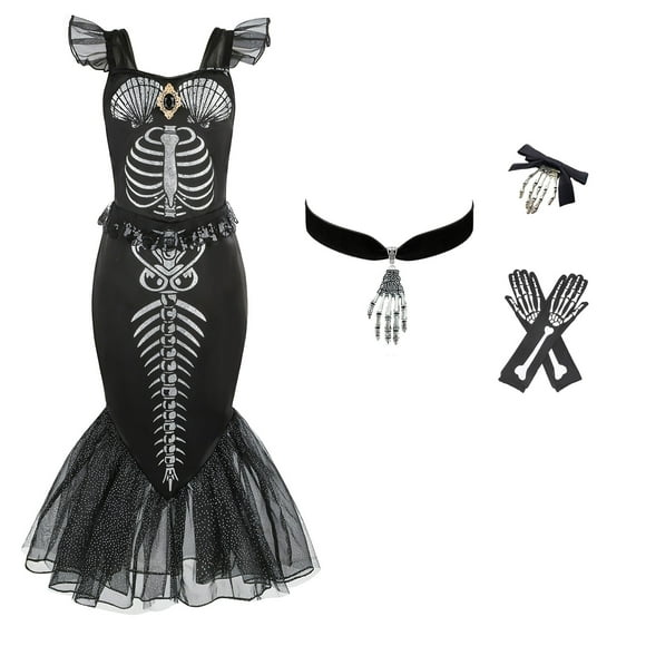Girls Skeleton Mermaid Costume Dress Halloween Princess Cosplay Outfit for 2-8Y