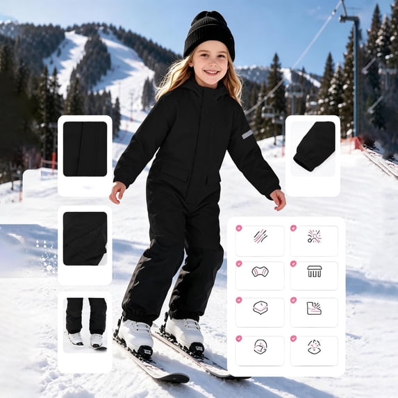 Girls Ski Suits Waterproof Jumpsuit with Hood Insulated Midweight Zipper Closure Warm Kids Winter Snow Jacket Black 8 Years