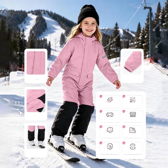 Girls Ski Suits Waterproof Jumpsuit with Hood Insulated Midweight Zipper Closure Warm Kids Winter Snow Jacket Pink 4-12 Years
