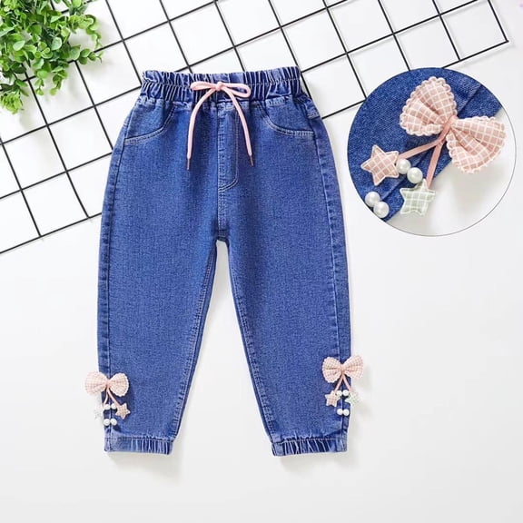 Girls Skinny Jeans Elastic Waist with Bow Cuffed Ankle Denim Pants for Kids Kids Girl 6M-6Y Sky Blue,Size 6-12 Months