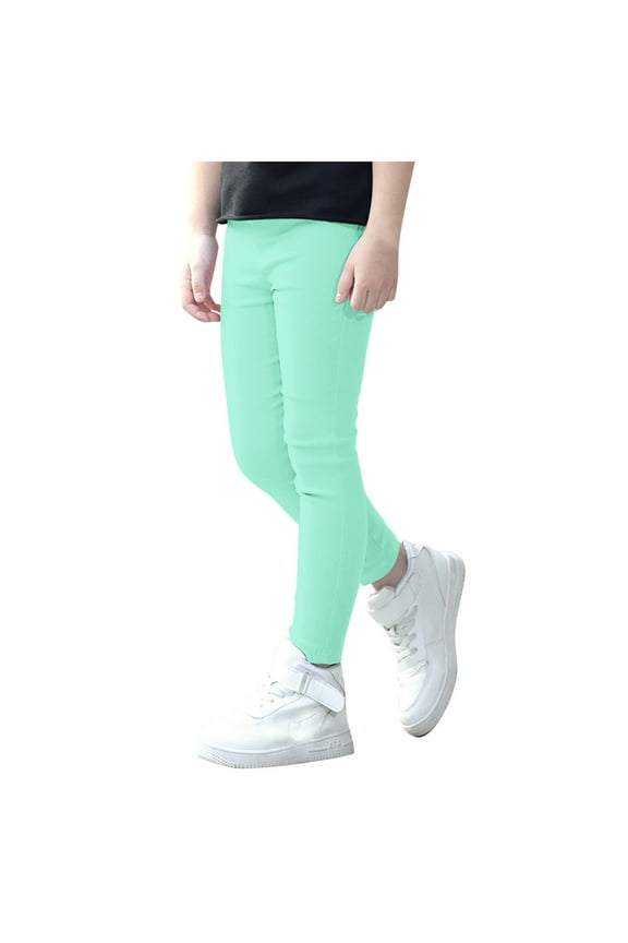 Girls Skinny Jeans Solid Color Knitted Stretch Pencil Pants Elastic Waist Bottoms Casual Joggers Trousers Green 9-10 Years