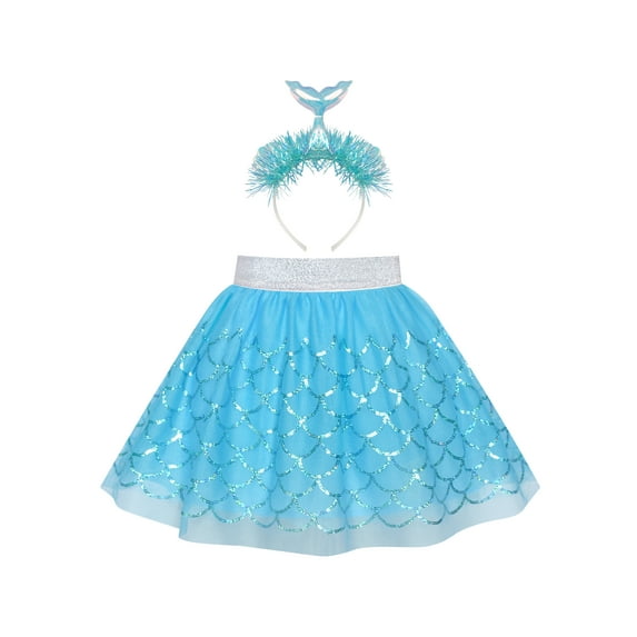 Girls Skirt Blue Sequins Mermaid Headband Tutu Dancing 4-5 Years