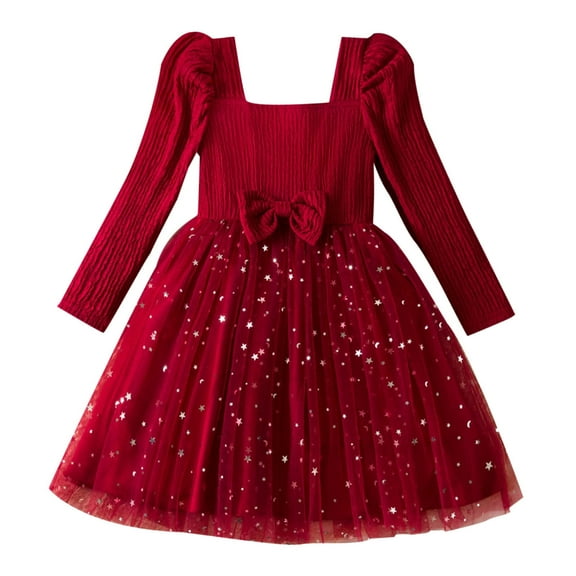 Girls' Skirt Fall Spring Outfits Long Sleeve Ruffled Lace Round-Neck Embroidery Mesh Princess Bow Skirt, 4 Years Red