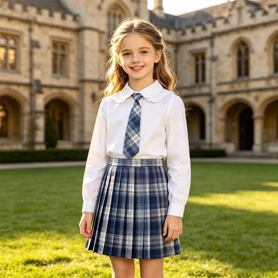Girls Skirt High Waist Plaid Pleated Skirt with Built-Shorts Girls A-line Uniform Skirts with Neck Tie (Blue2 12-13 Years)
