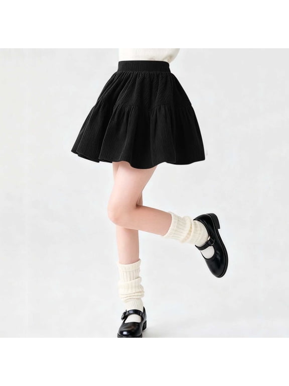 Girls Skirt Kids Casual Pleated Skirt Girl Corduroy Mini Flare Plain Stretch Waist Skater Uniform Skirts Black 7-8 Years
