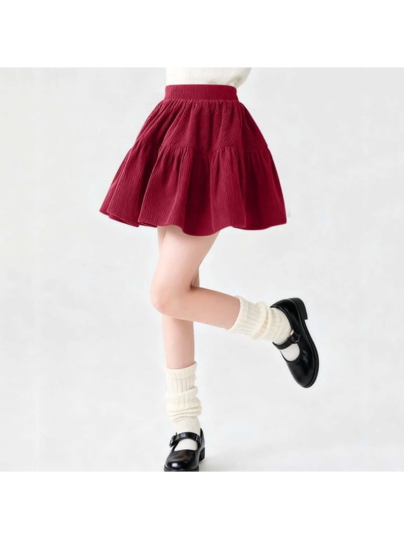 Girls Skirt Kids Casual Pleated Skirt Girl Corduroy Mini Flare Plain Stretch Waist Skater Uniform Skirts Red 5-6 Years