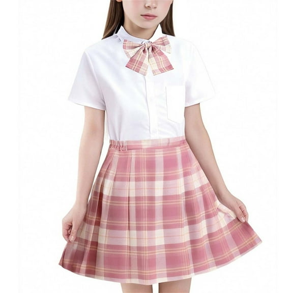 Girls Skirt Set JK School Uniform 2-Piece Outfit - Short Sleeve Shirt with Bow & Pleated Skirt 3-13 Years