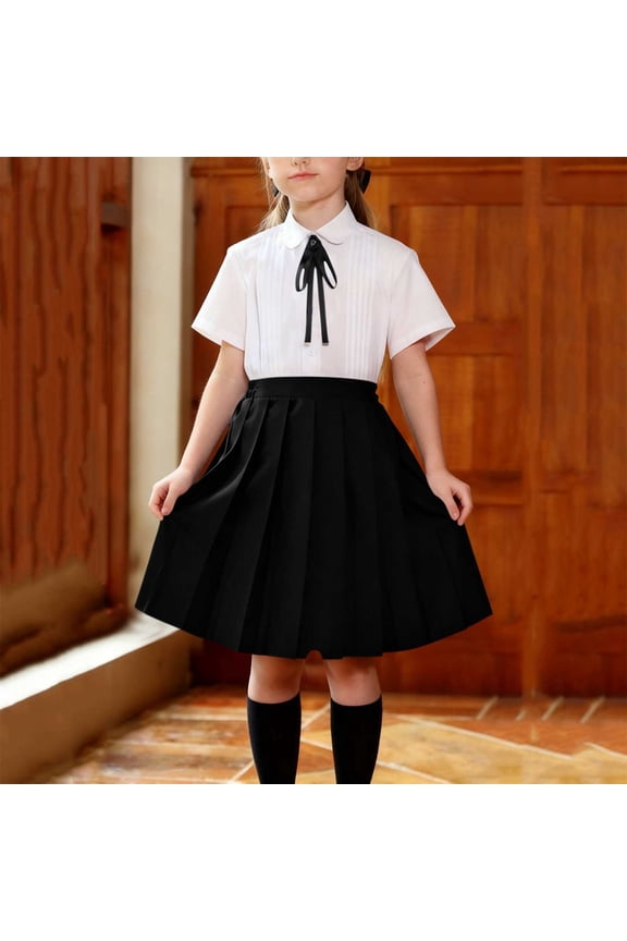 Girls Skirt Set JK School Uniform 2-Piece Outfit - Short Sleeve Shirt with Bow & Pleated Skirt 4T-14Y Black 3-4 Years