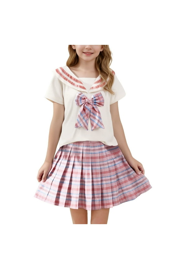 Girls Skirt Set JK School Uniform 2-Piece Outfit - Short Sleeve Shirt with Bow & Pleated Skirt Girls School Uniform Set