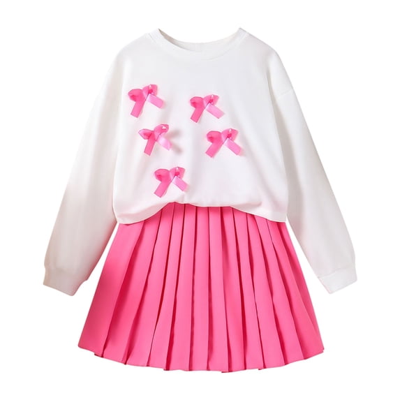 Girls Skirt Set Kid 2Pcs Outfits Long Sleeve Pullover Top Pleated Mini Skirt with Bowknot Fall Winter Clothes Pink 13-14 Years