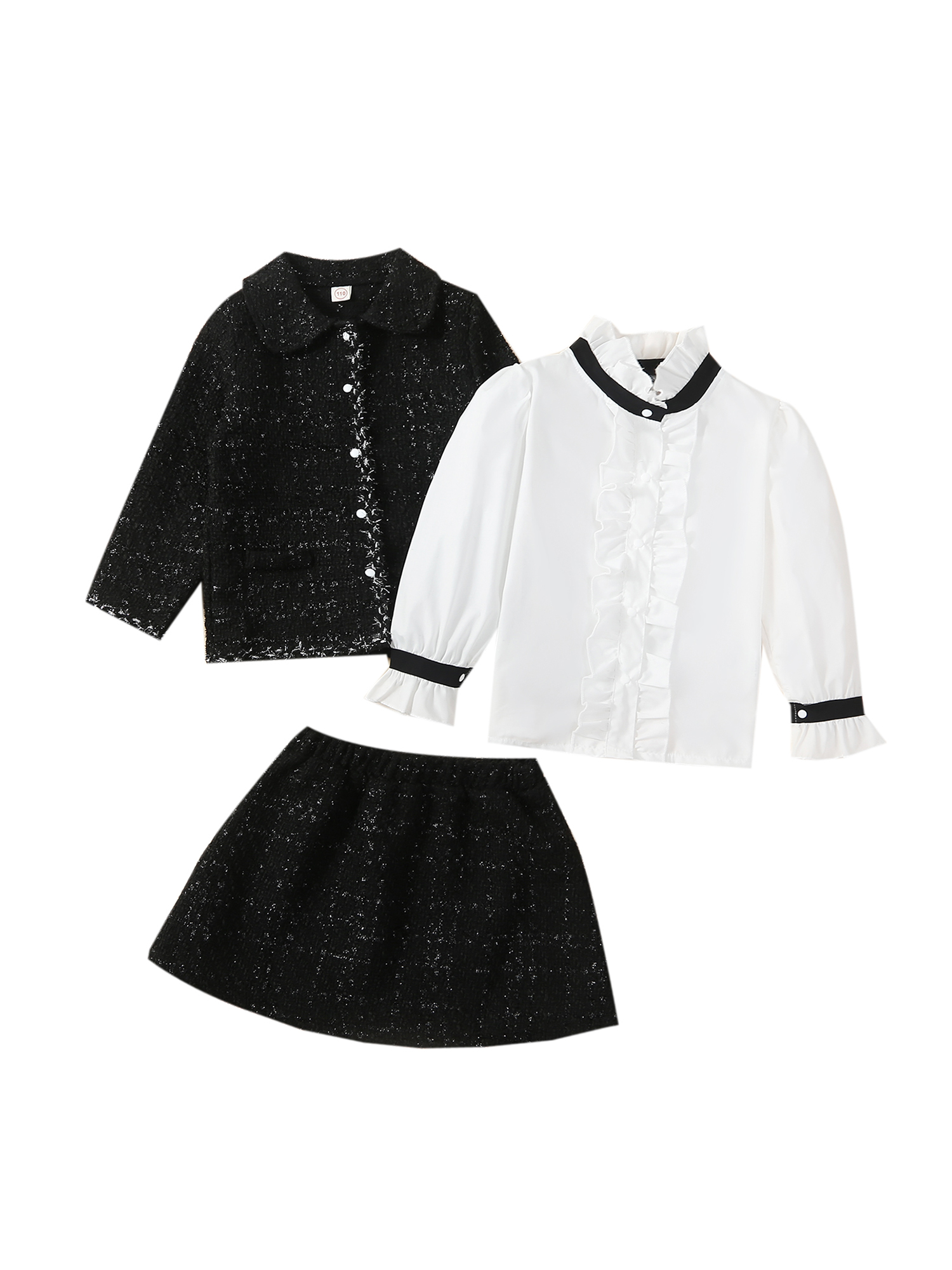 Girls Skirt Set, Long Sleeve Jacket with Stand Collar Shirt and Skirt