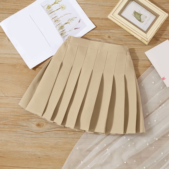 Girls Skirt Solid Print Elastic Waist High Waist Lightweight Pleated Skirt for Casual Parties Khaki 15 Years-16 Years