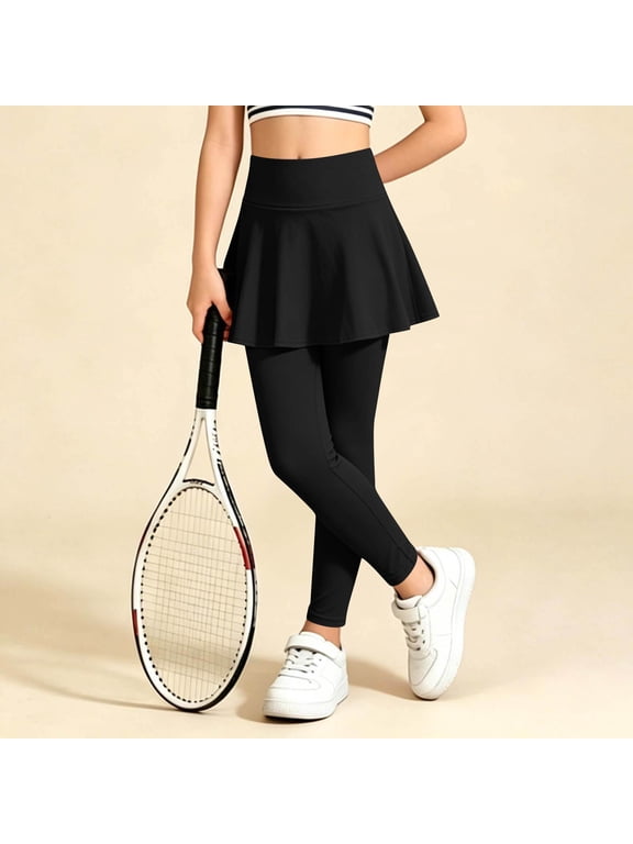 Girls Skirted Athletic Leggings, Kids Stretch High Waist Tennis Dance Sport Trousers Activewear Black 11-12Y