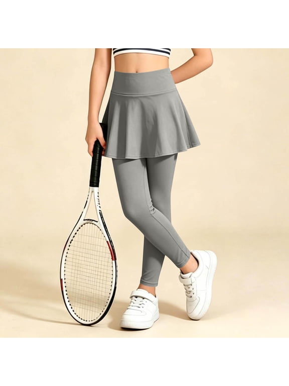 Girls Skirted Athletic Leggings, Kids Stretch High Waist Tennis Dance Sport Trousers Activewear Gray 11-12Y