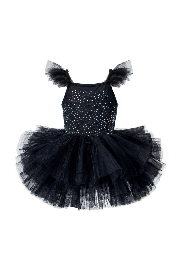 Girls Skirted Leotards Ballet Dance Tutu Princess Dress Ruffle Sleeve Ballerina Role Play Black 4 Y-4 Y