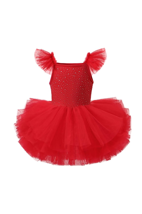 Girls Skirted Leotards Ballet Dance Tutu Princess Dress Ruffle Sleeve Ballerina Role Play Red 5 Y-5 Y