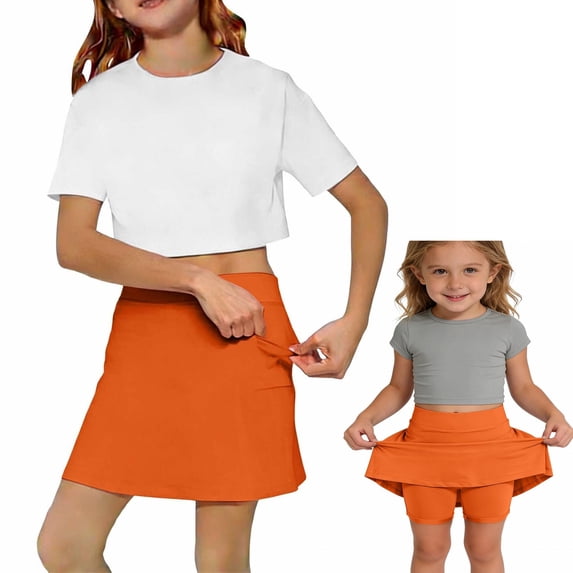 Girls Skirts Kids Casual Mini Orange Skorts High Waisted A-line Skirt School Uniform Athletic Golf Skorts with Shorts 8-9 Years