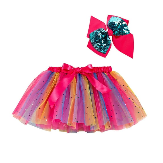 Girls Skirts Rainbow Ballet Hairpin Splice Roleplay Party +Bow Dance Dress Clothes