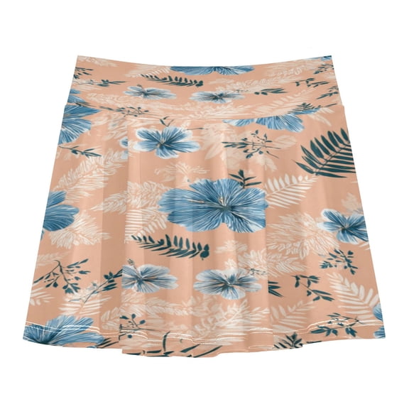 Girls' Skorts Elastic Waist Skorts with Inner Shorts Athletic Workout Shorts Skirts Blue Flowers and Pink Leaves X-Large