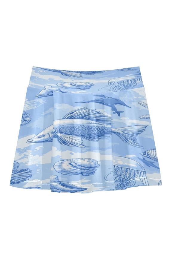 Girls' Skorts Elastic Waist Skorts with Inner Shorts Athletic Workout Shorts Skirts Blue Marine Life Large