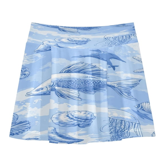 Girls' Skorts Elastic Waist Skorts with Inner Shorts Athletic Workout Shorts Skirts Blue Marine Life Small