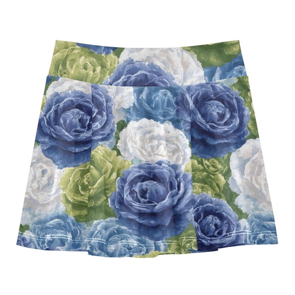 Girls' Skorts Elastic Waist Skorts with Inner Shorts Athletic Workout Shorts Skirts Blue and Green Roses Pattern Small