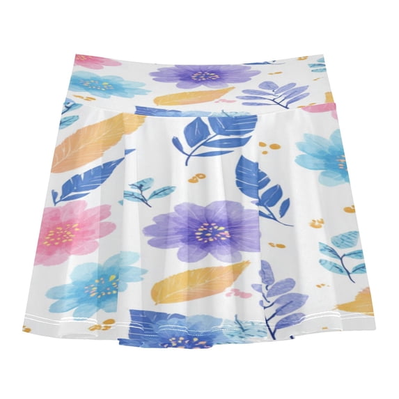 Girls' Skorts Elastic Waist Skorts with Inner Shorts Athletic Workout Shorts Skirts Blue and Purple Flowers Small