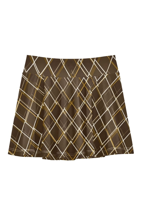 Girls' Skorts Elastic Waist Skorts with Inner Shorts Athletic Workout Shorts Skirts Brown and Gold Argyle Pattern X-Small