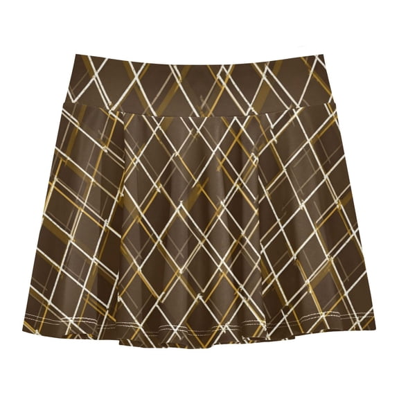 Girls' Skorts Elastic Waist Skorts with Inner Shorts Athletic Workout Shorts Skirts Brown and Gold Argyle Pattern X-Small