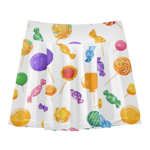 Girls' Skorts Elastic Waist Skorts with Inner Shorts Athletic Workout Shorts Skirts Cartoon Candy Pattern Small