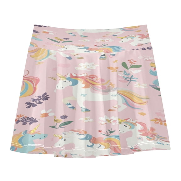 Girls' Skorts Elastic Waist Skorts with Inner Shorts Athletic Workout Shorts Skirts Cartoon Unicorns Pattern Small
